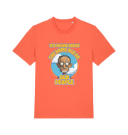orange funny graphic t-shirt with a cartoon man and the slogan 'it's weird being the same age as old people'