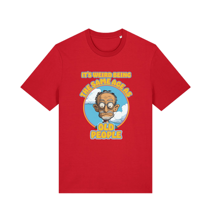 red funny graphic t-shirt with a cartoon man and the slogan 'it's weird being the same age as old people'