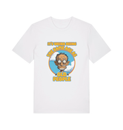 white funny graphic t-shirt with a cartoon man and the slogan 'it's weird being the same age as old people'