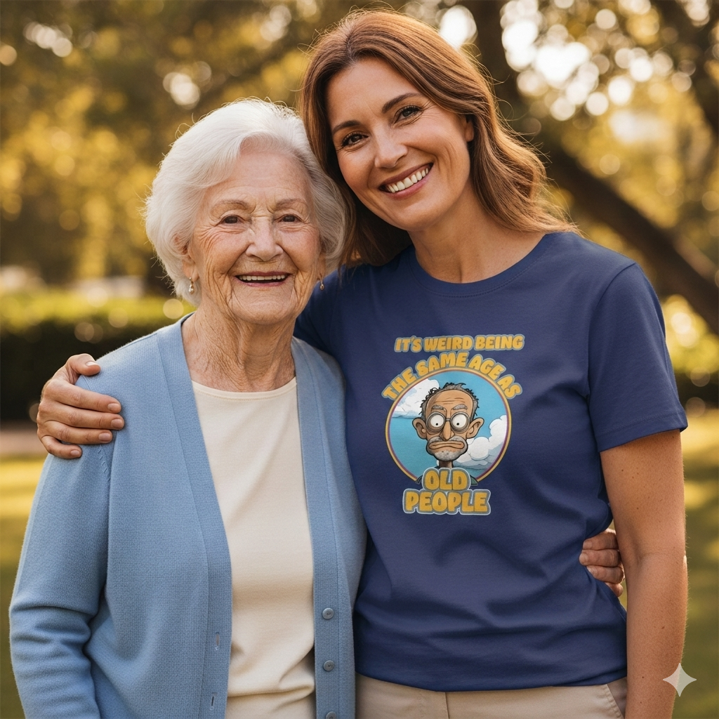 Woman wearing a blue t-shirt with a graphic design, standing next to an older woman outdoors.