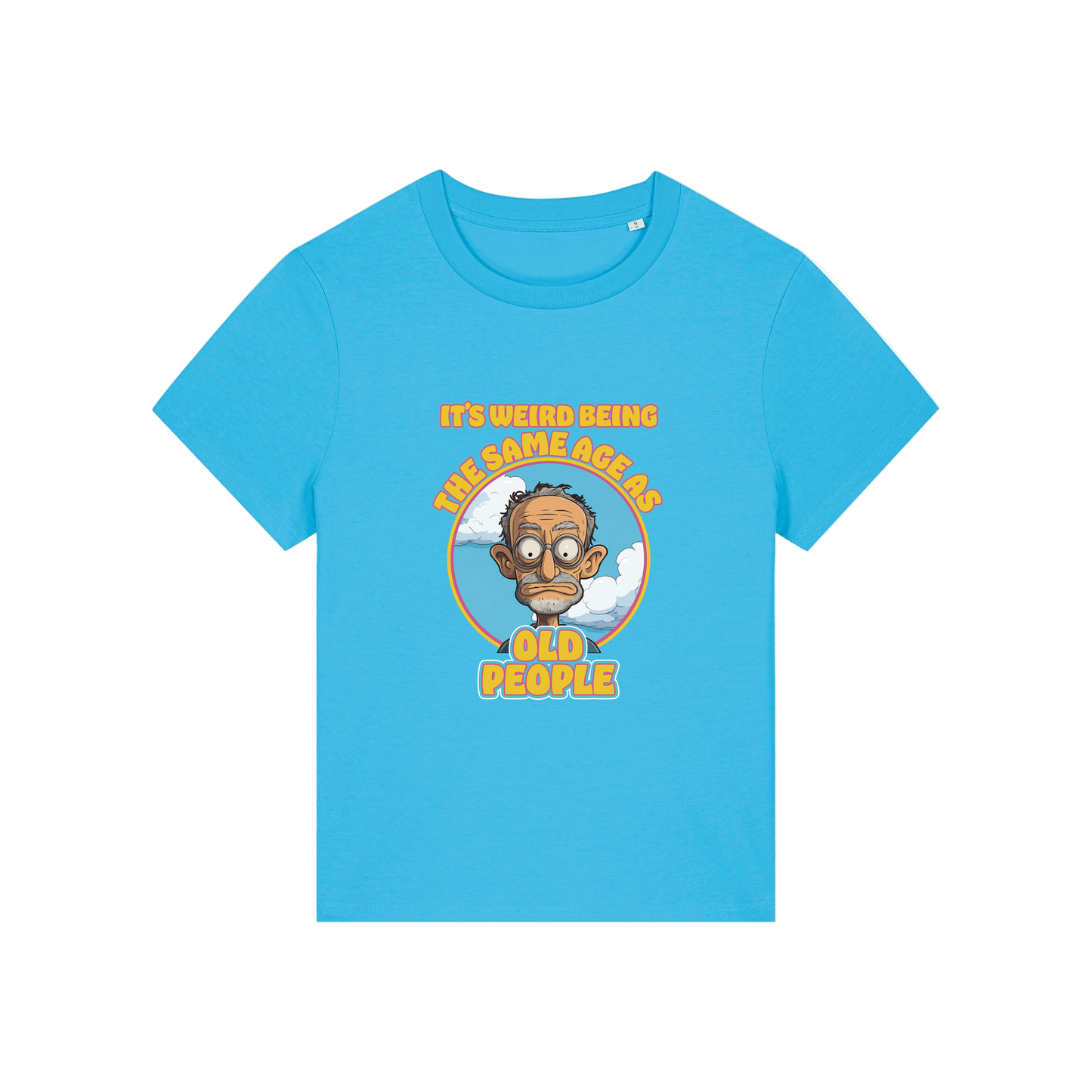 blue funny graphic t-shirt with the graphic of an old man and the slogan it's weird being the same age as old people'