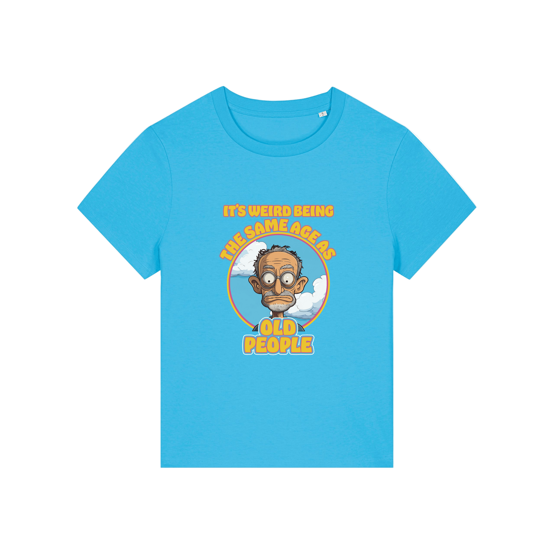 blue funny graphic t-shirt with the graphic of an old man and the slogan it's weird being the same age as old people'