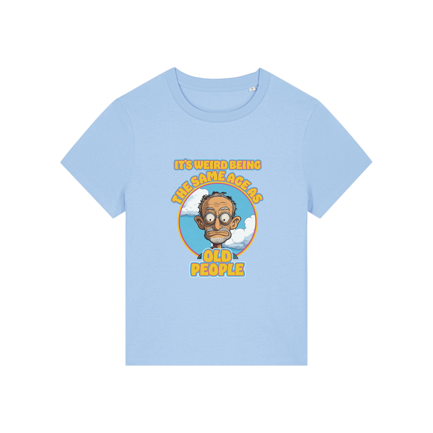 light blue funny graphic t-shirt with the graphic of an old man and the slogan it's weird being the same age as old people'