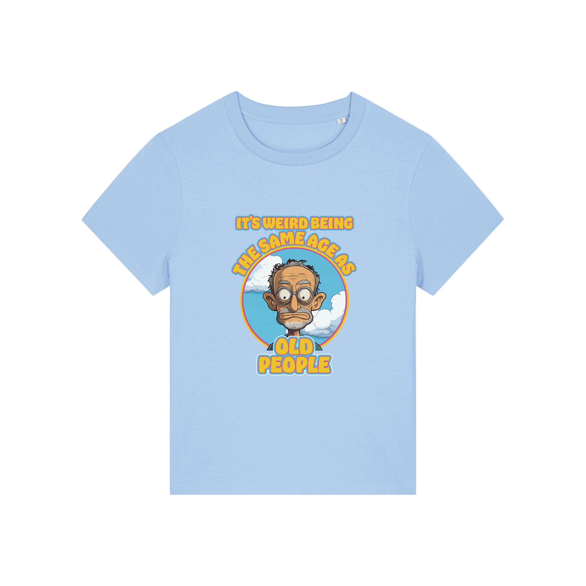 light blue funny graphic t-shirt with the graphic of an old man and the slogan it's weird being the same age as old people'