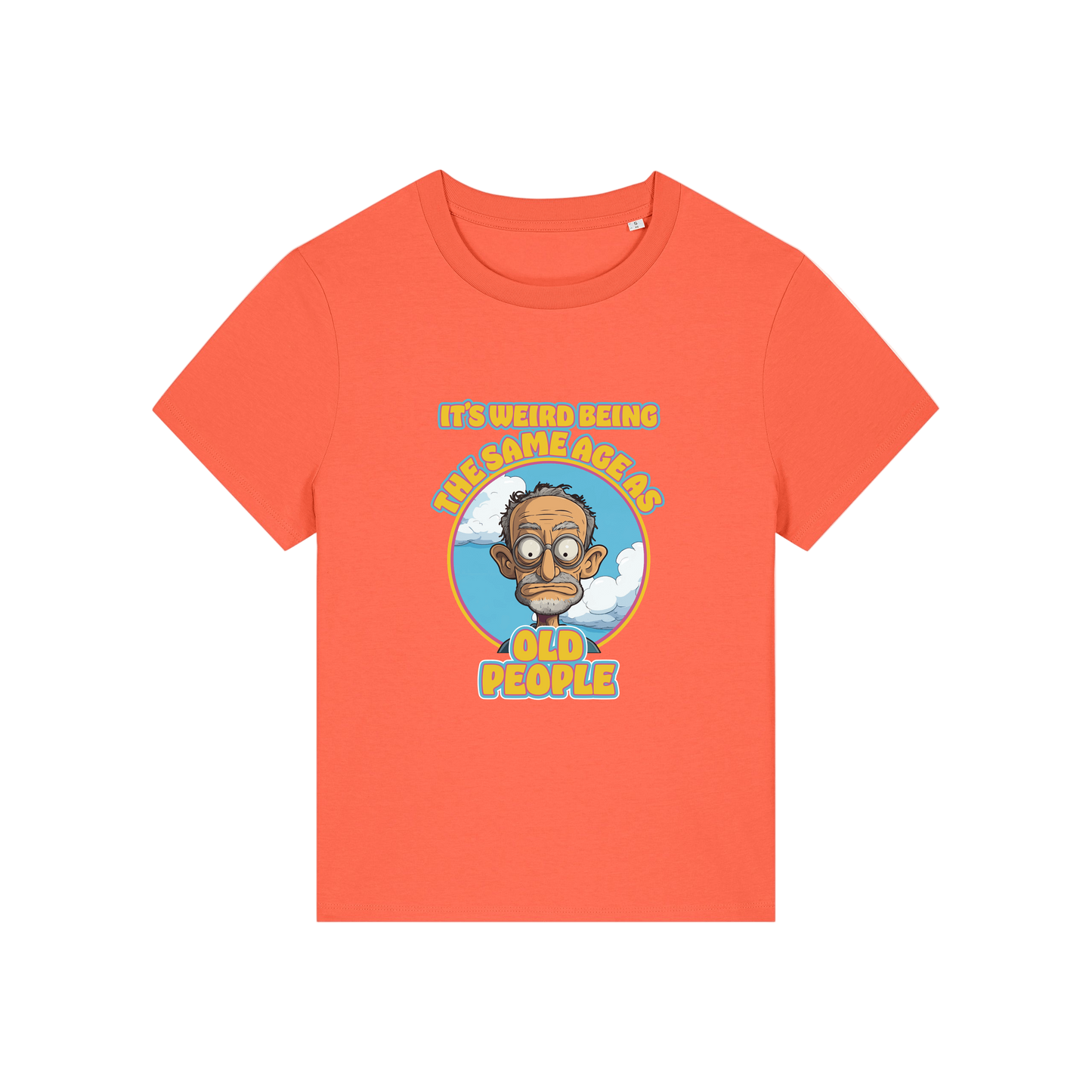 orange funny graphic t-shirt with the graphic of an old man and the slogan it's weird being the same age as old people'