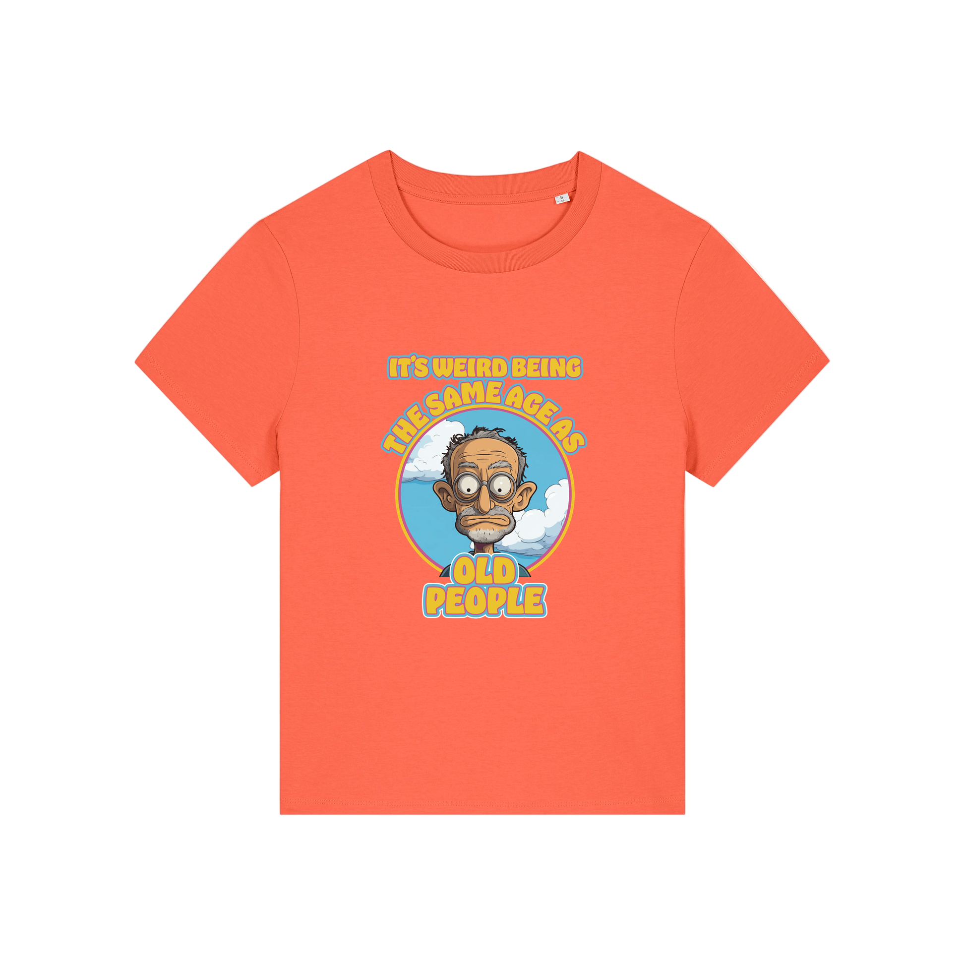 orange funny graphic t-shirt with the graphic of an old man and the slogan it's weird being the same age as old people'