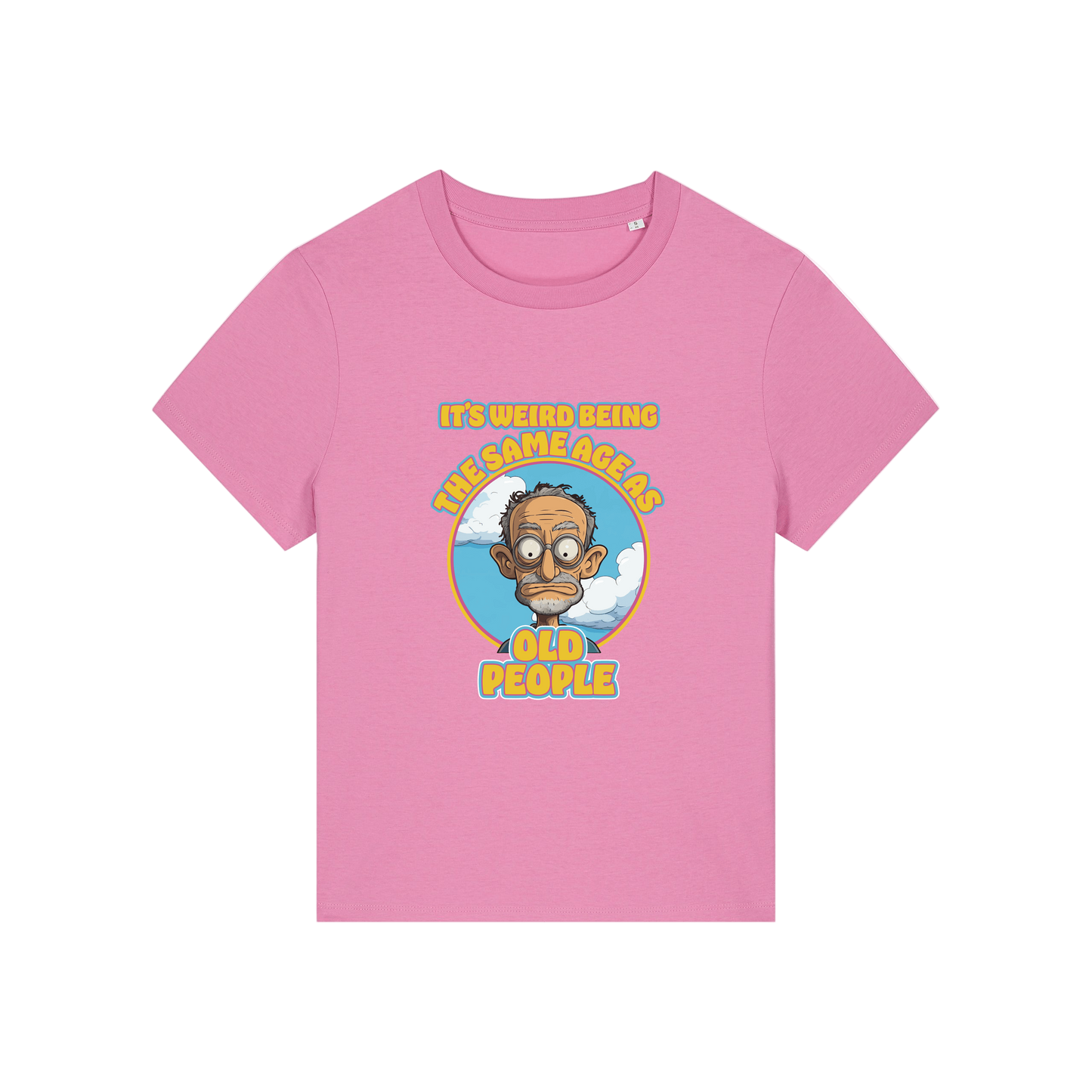 pink funny graphic t-shirt with the graphic of an old man and the slogan it's weird being the same age as old people'