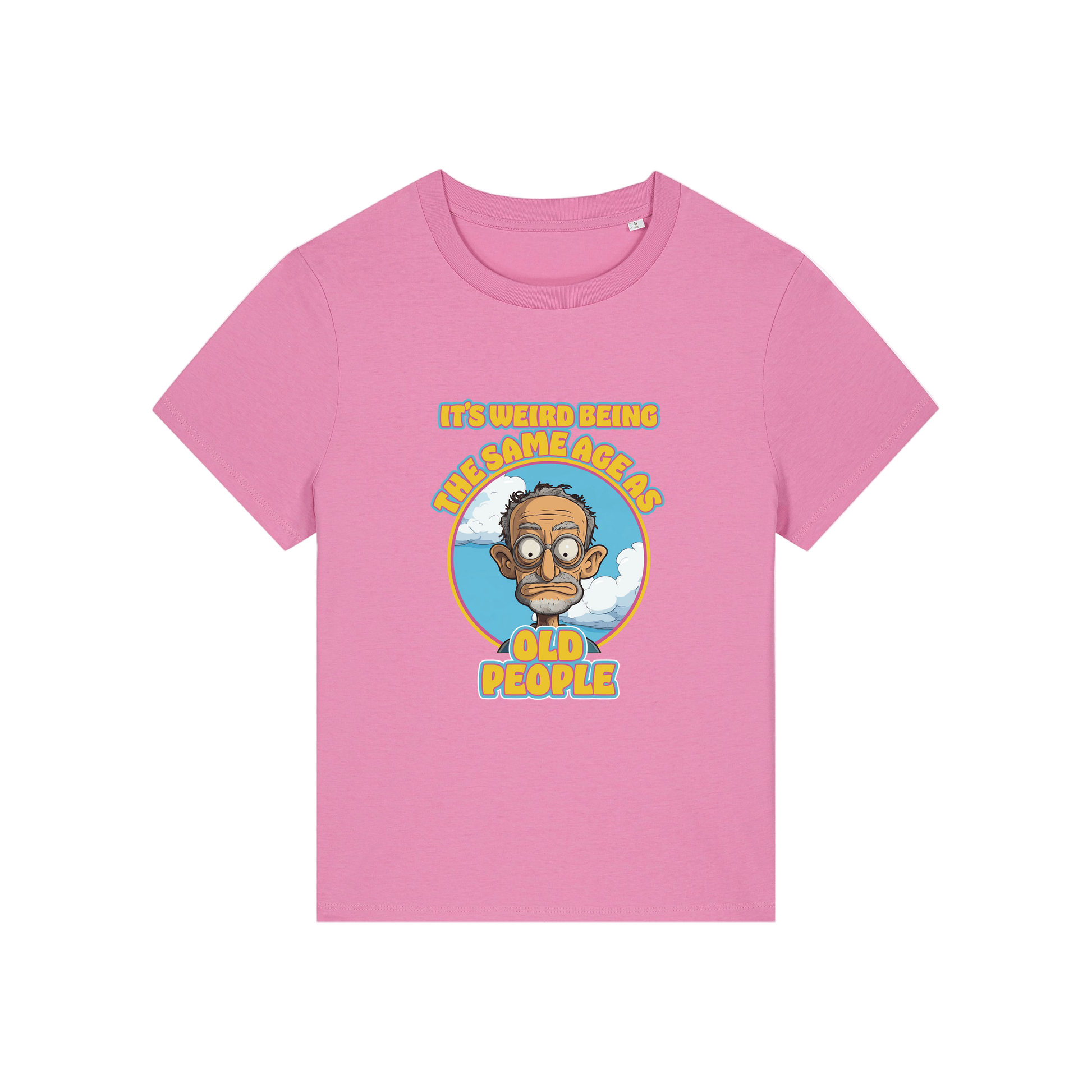 pink funny graphic t-shirt with the graphic of an old man and the slogan it's weird being the same age as old people'