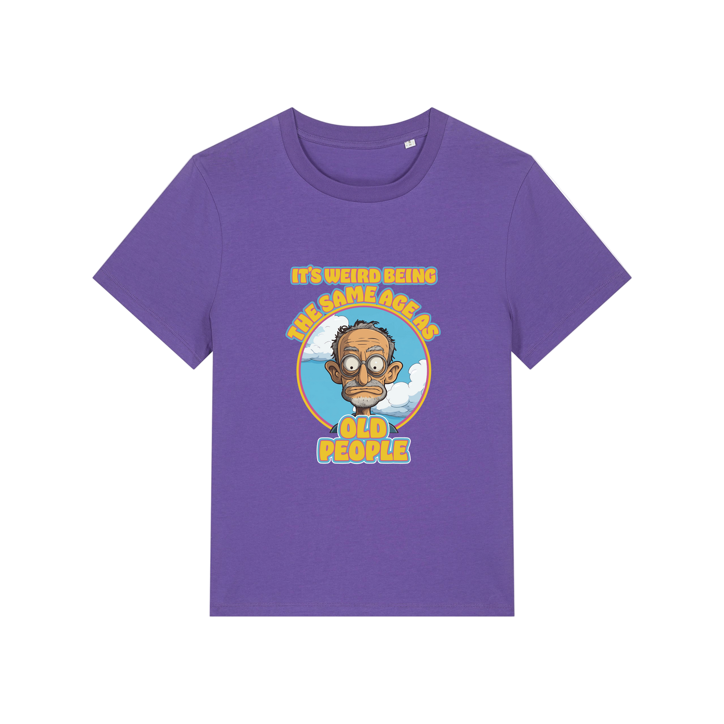 purple funny graphic t-shirt with the graphic of an old man and the slogan it's weird being the same age as old people'