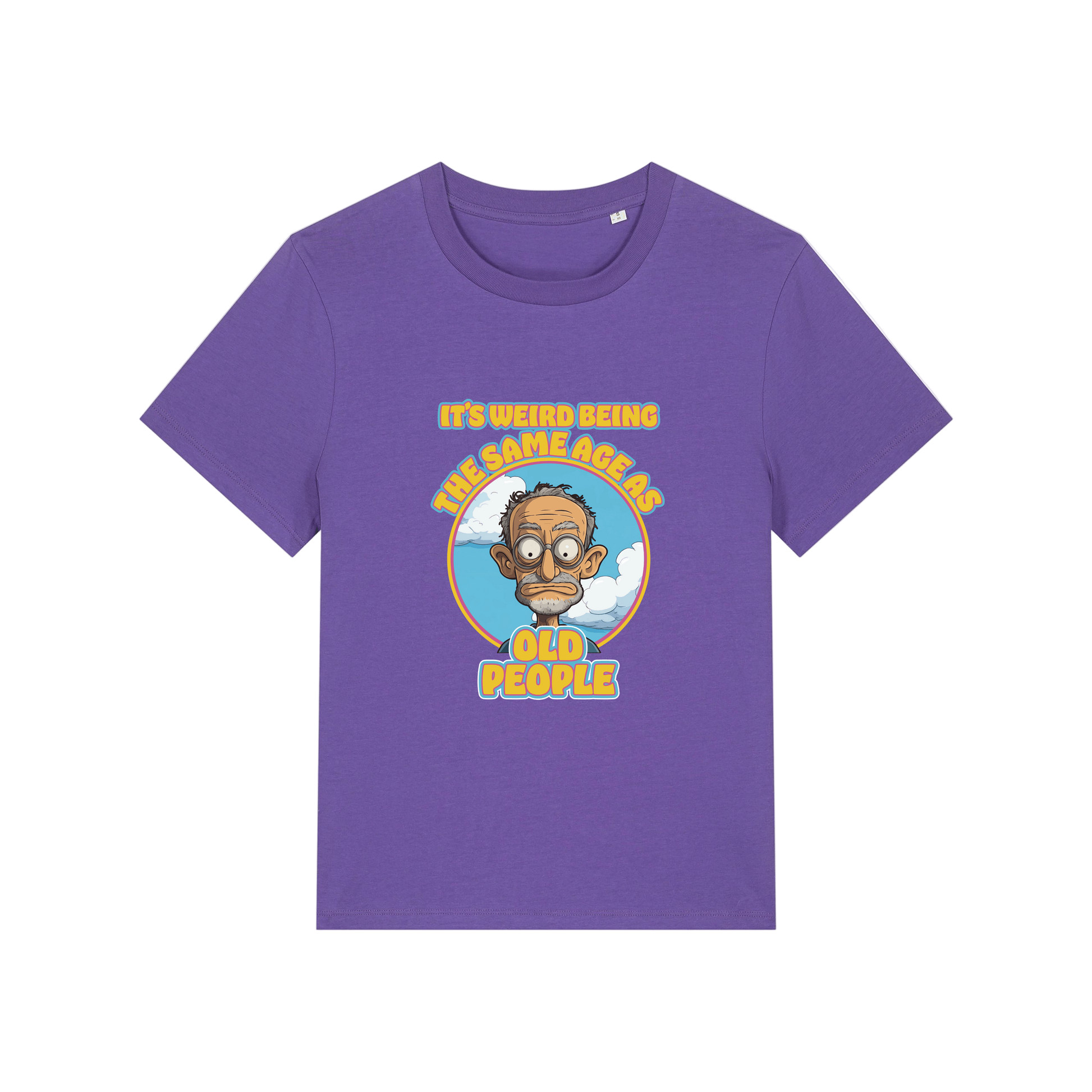 purple funny graphic t-shirt with the graphic of an old man and the slogan it's weird being the same age as old people'