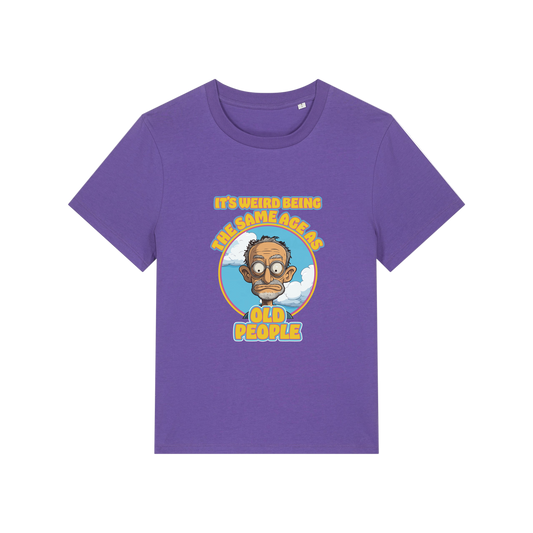 purple funny graphic t-shirt with the graphic of an old man and the slogan it's weird being the same age as old people'