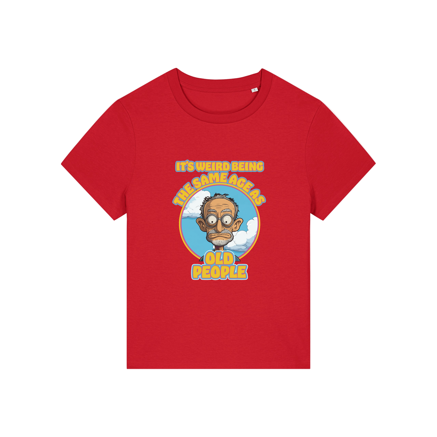 red funny graphic t-shirt with the graphic of an old man and the slogan it's weird being the same age as old people'