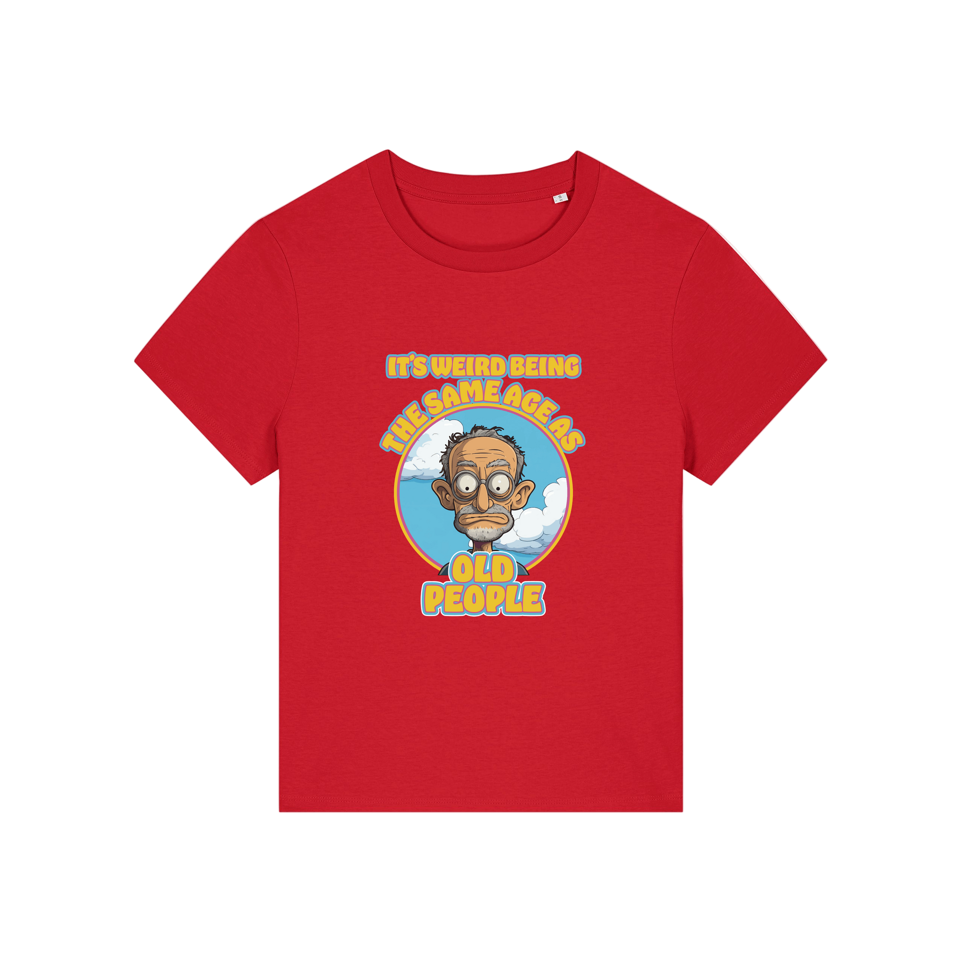 red funny graphic t-shirt with the graphic of an old man and the slogan it's weird being the same age as old people'