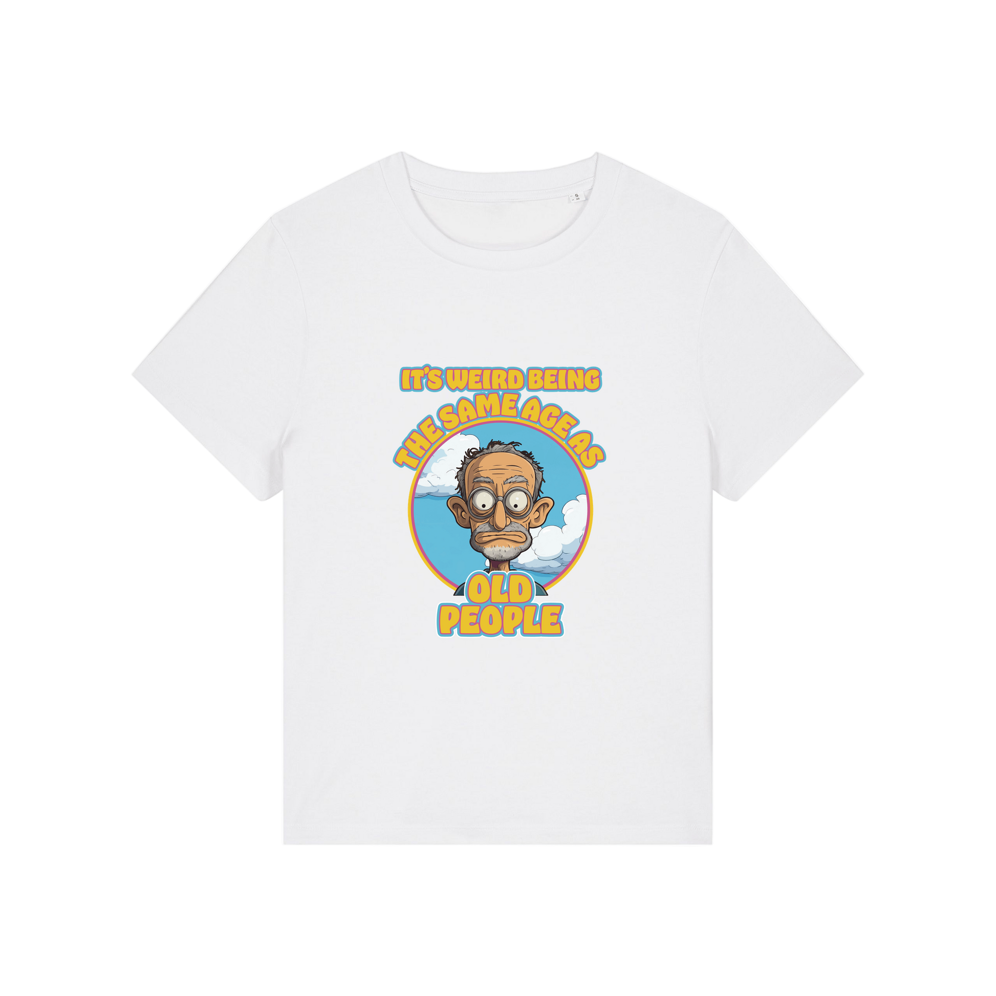white funny graphic t-shirt with the graphic of an old man and the slogan it's weird being the same age as old people'