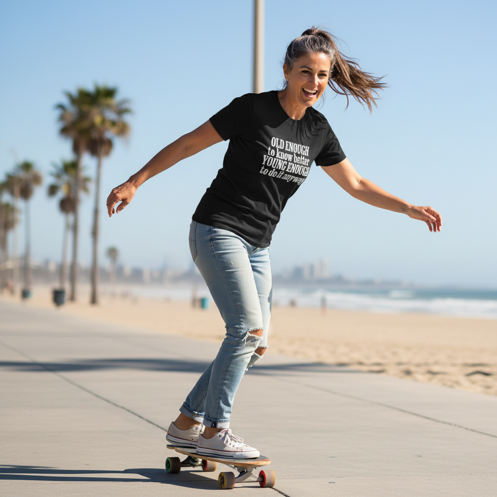 Woman skateboarding on a boardwalk with palm trees and beach in the background