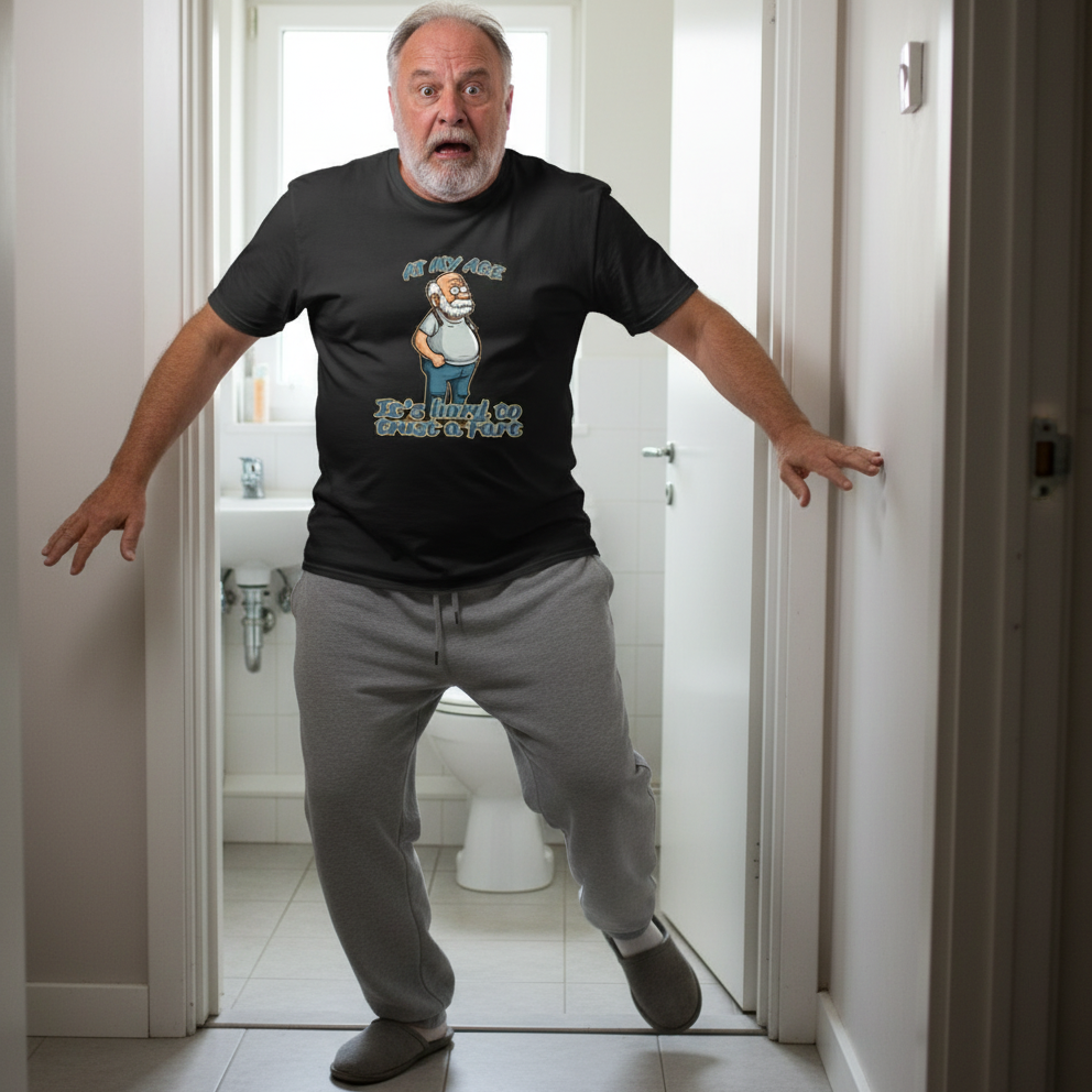 Man in a bathroom wearing a black t-shirt with a graphic design.