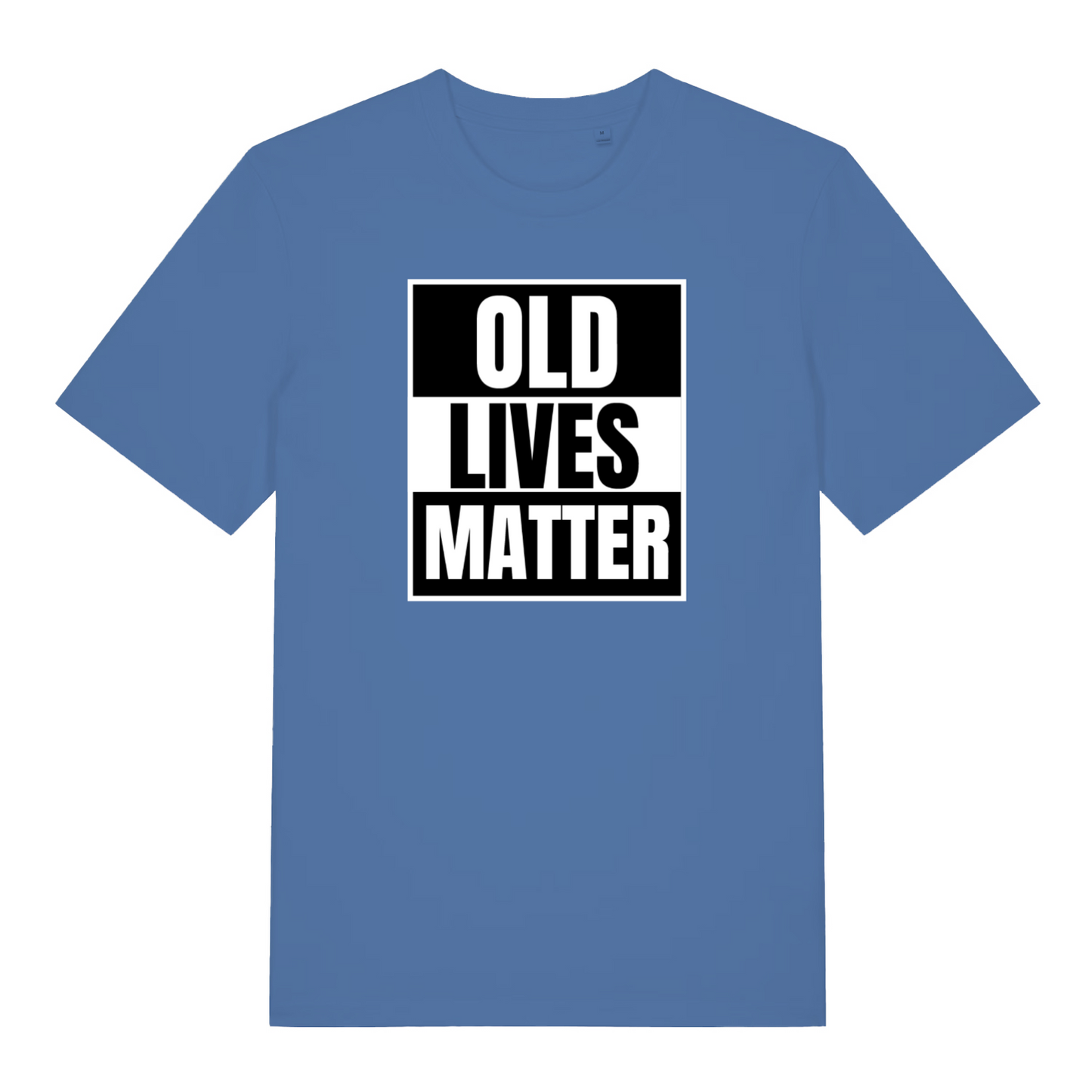 blue funny slogan t-shirt with 'OLD LIVES MATTER' 