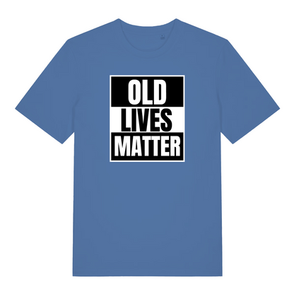 blue funny slogan t-shirt with 'OLD LIVES MATTER' 