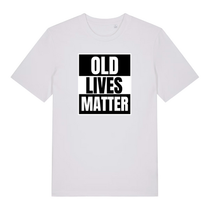 white funny slogan t-shirt with 'OLD LIVES MATTER' 