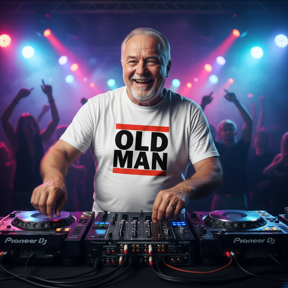 Man operating DJ equipment with 'OLD MAN' t-shirt in a vibrant nightclub setting