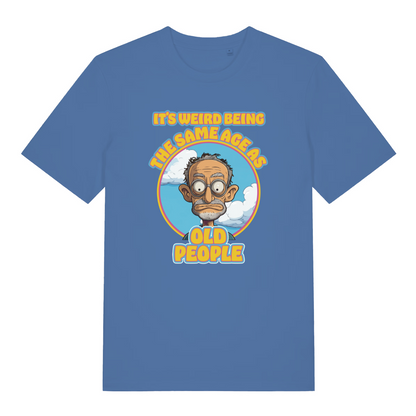 blue funny graphic t-shirt with a cartoon grumpy man and the slogan 'it's weird being the same age as old people'