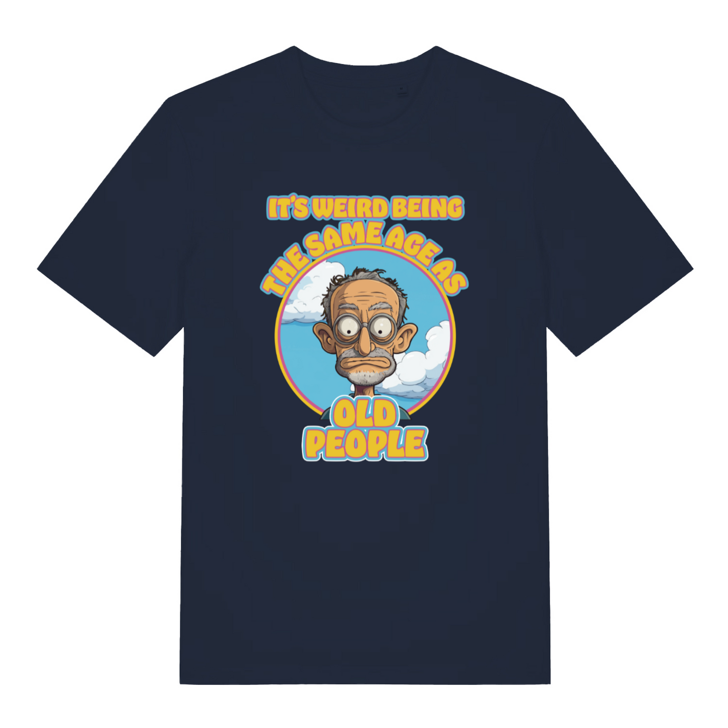 navy funny graphic t-shirt with a cartoon grumpy man and the slogan 'it's weird being the same age as old people'
