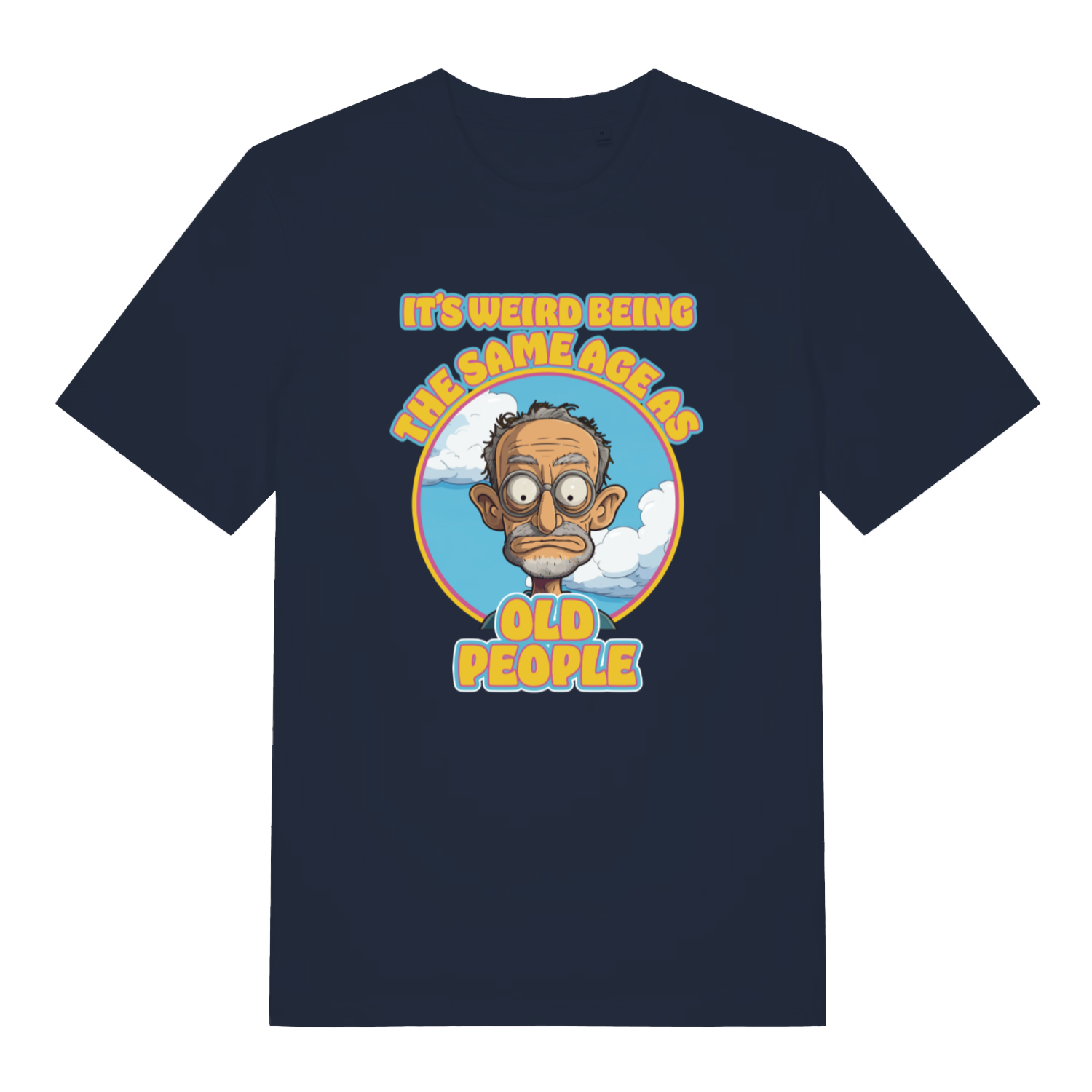 navy funny graphic t-shirt with a cartoon grumpy man and the slogan 'it's weird being the same age as old people'