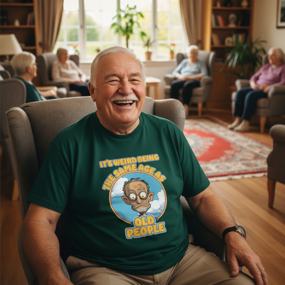 Man wearing a green t-shirt with a humorous graphic and text, sitting in a living room with other people.