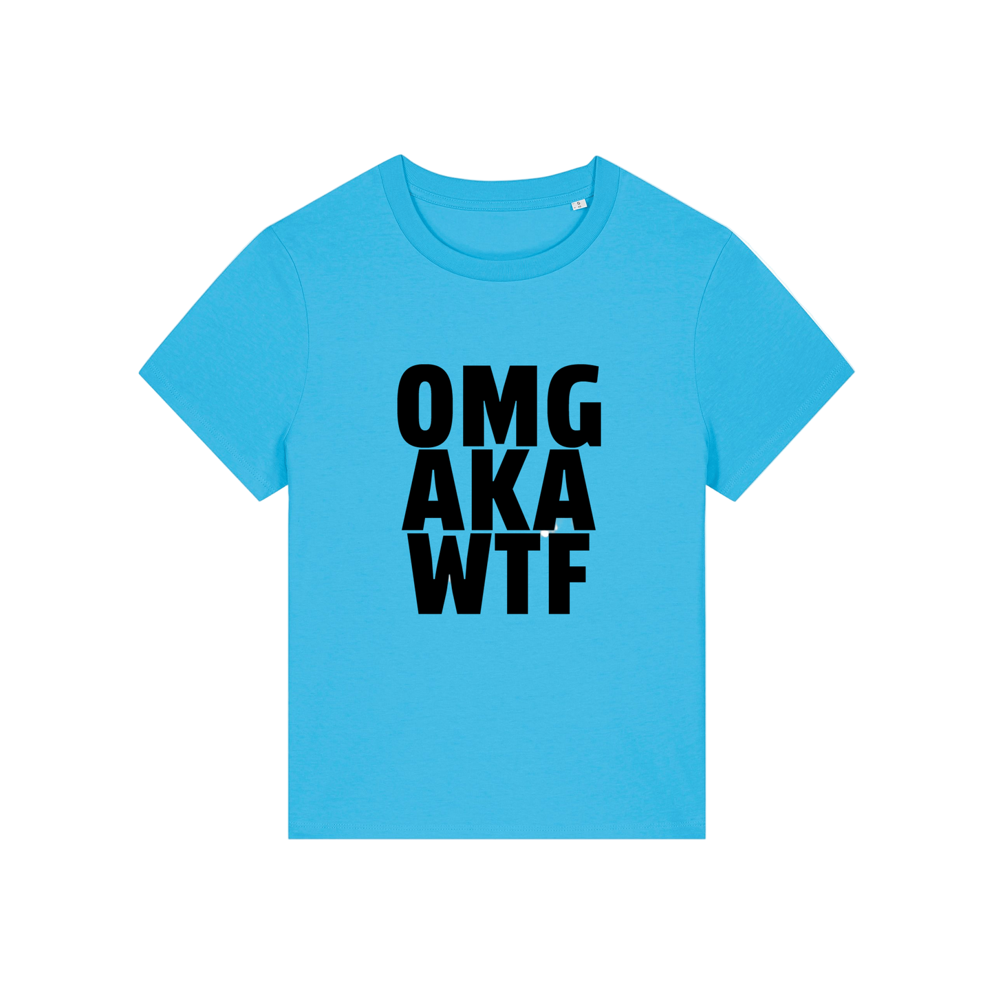 blue slogan t-shirt that reads 'omg, aka, wtf'