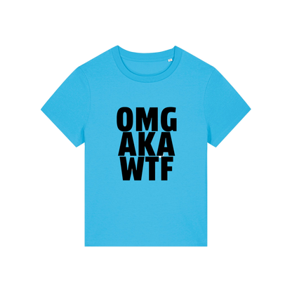 blue slogan t-shirt that reads 'omg, aka, wtf'