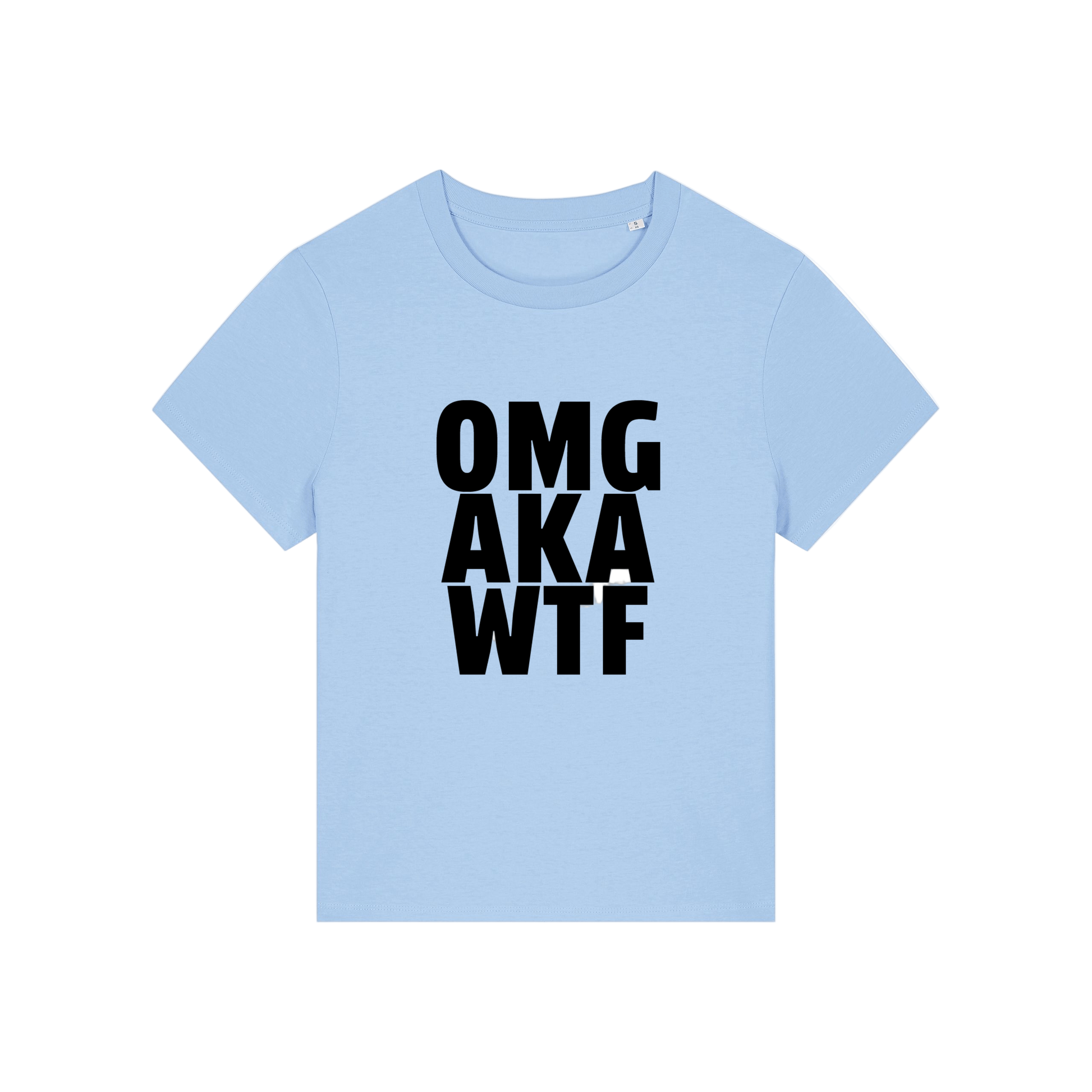 light blue slogan t-shirt that reads 'omg, aka, wtf'