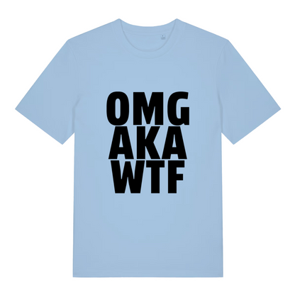Light blue OMG AKA WTF funny slogan t-shirt featuring classic reaction design  
