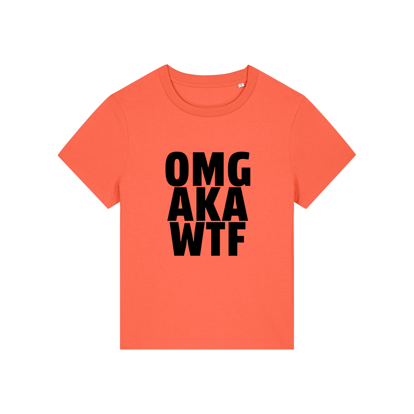 orange slogan t-shirt that reads 'omg, aka, wtf'