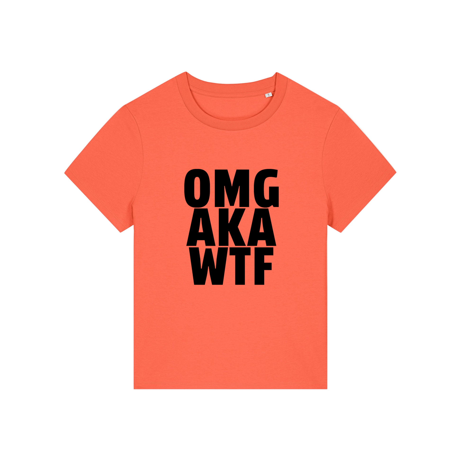 orange slogan t-shirt that reads 'omg, aka, wtf'