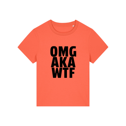 orange slogan t-shirt that reads 'omg, aka, wtf'