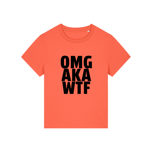 orange slogan t-shirt that reads 'omg, aka, wtf'