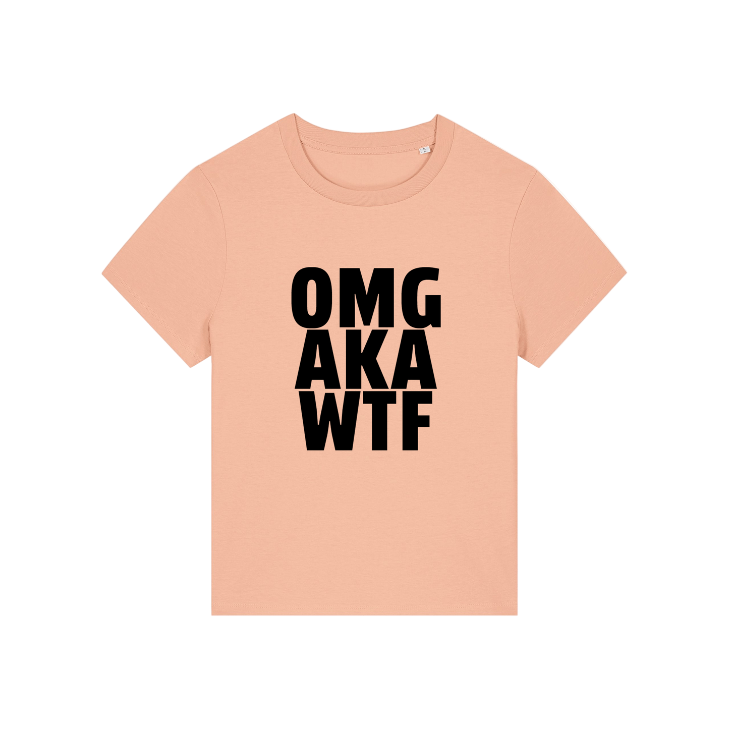 peach slogan t-shirt that reads 'omg, aka, wtf'