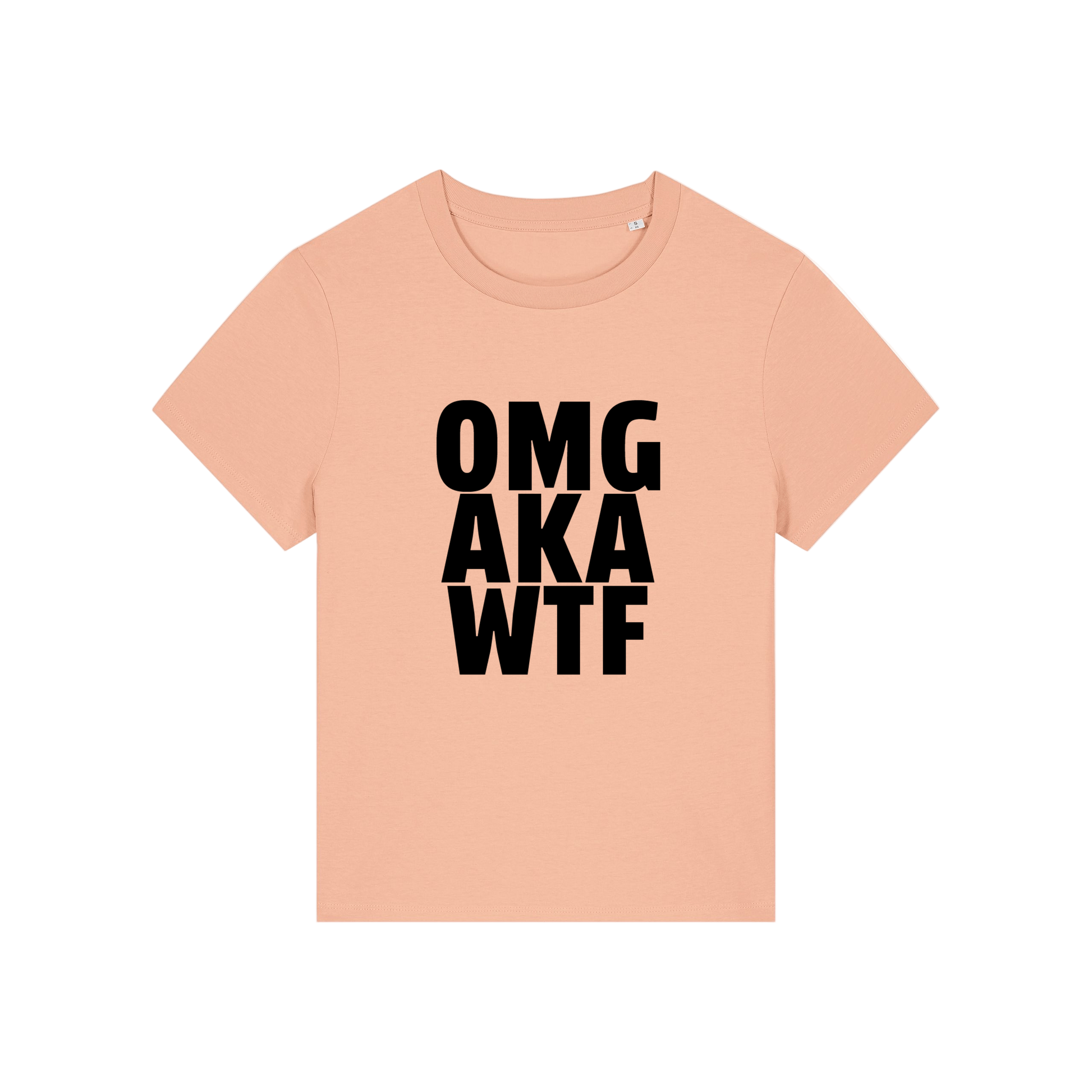 peach slogan t-shirt that reads 'omg, aka, wtf'