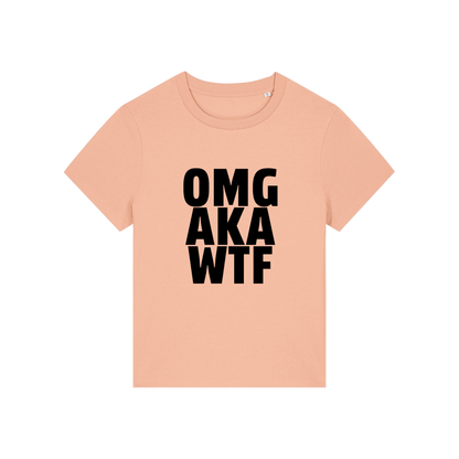 peach slogan t-shirt that reads 'omg, aka, wtf'