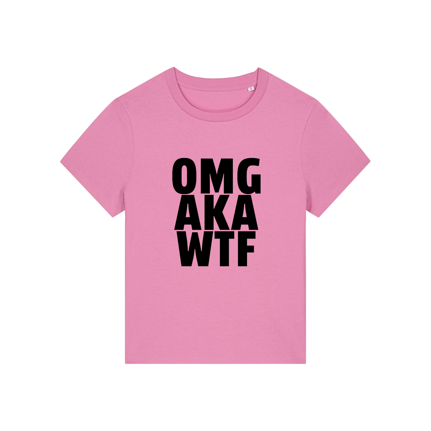 pink slogan t-shirt that reads 'omg, aka, wtf'