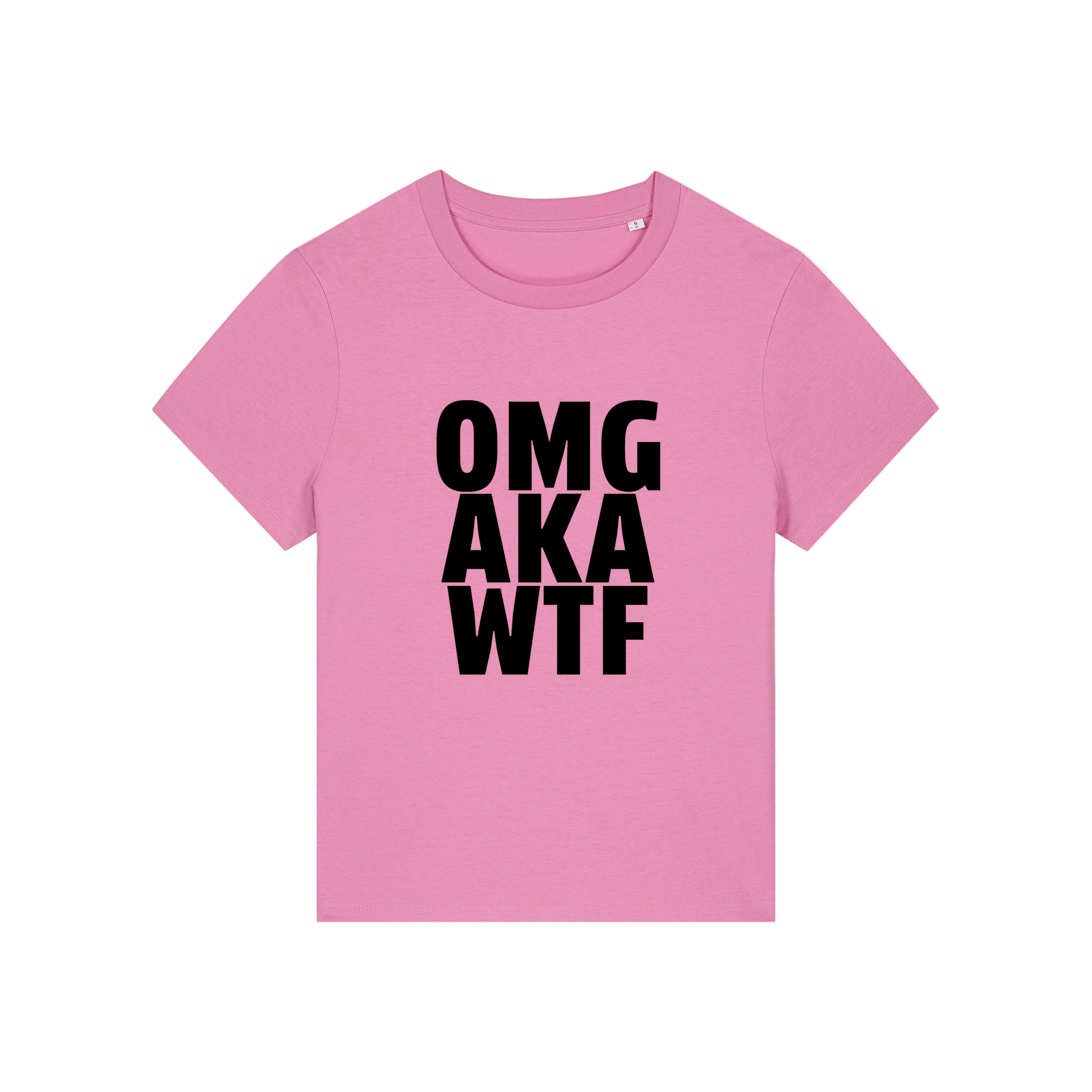 pink slogan t-shirt that reads 'omg, aka, wtf'
