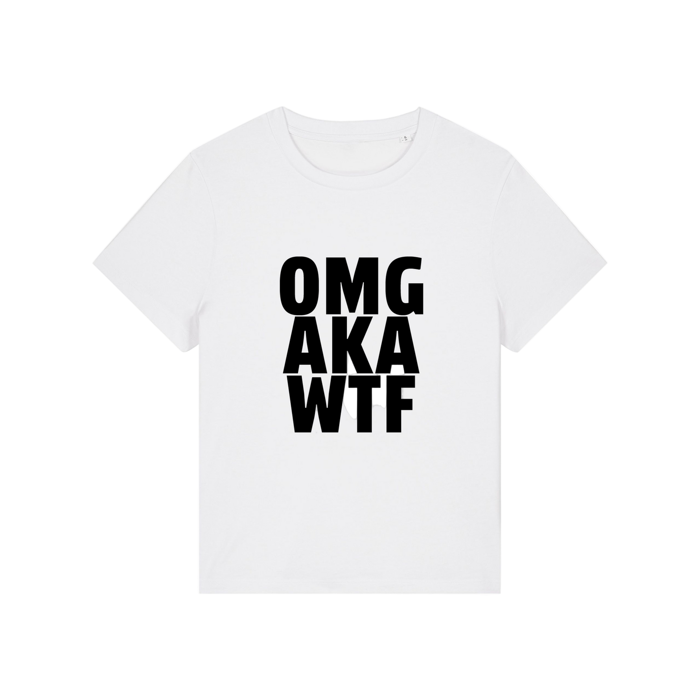 white slogan t-shirt that reads 'omg, aka, wtf'