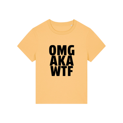 yellow slogan t-shirt that reads 'omg, aka, wtf'