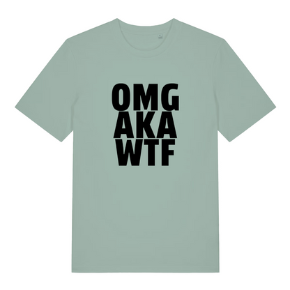 green funny offensive t-shirt with the text 'omg, aka, wtf'