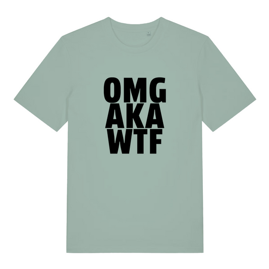green funny offensive t-shirt with the text 'omg, aka, wtf'