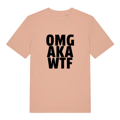 peach funny offensive t-shirt with the text 'omg, aka, wtf'