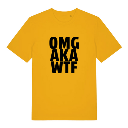 yellow funny offensive t-shirt with the text 'omg, aka, wtf'