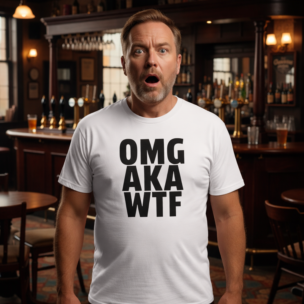Man wearing a white t-shirt with 'OMG AKA WTF' text in a bar setting