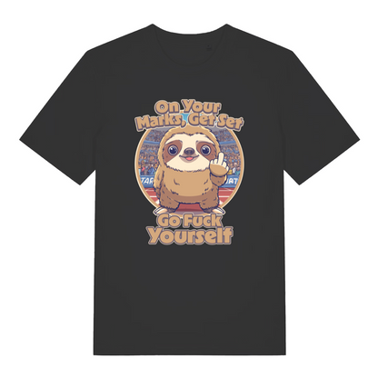 black funny offensive t-shirt with the graphic of a sloth flipping the bird and the slogan 'on your marks get set go fuck yourself'