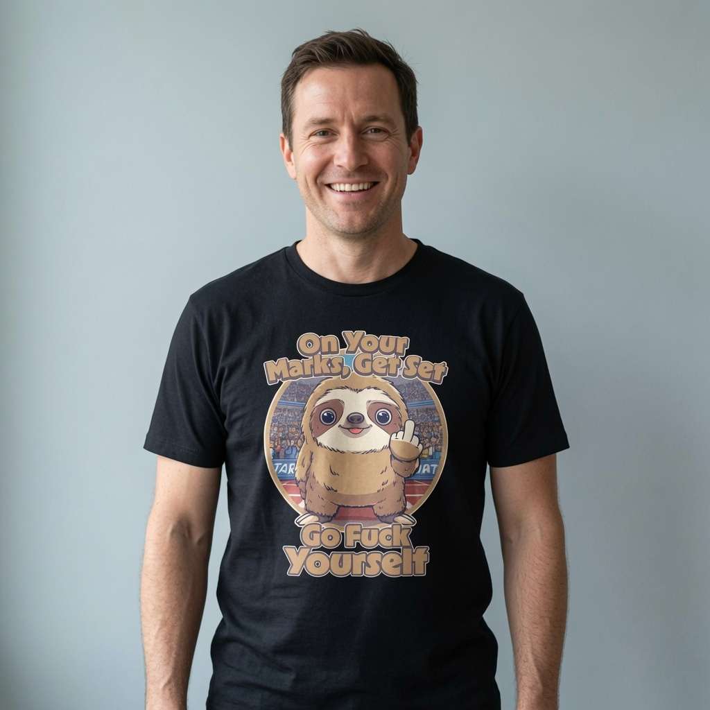 Man smiling in a black On Your Marks, Get Set, Go Fuck Yourself t-shirt, funny and witty rude offensive sloth design that doesn’t mess about